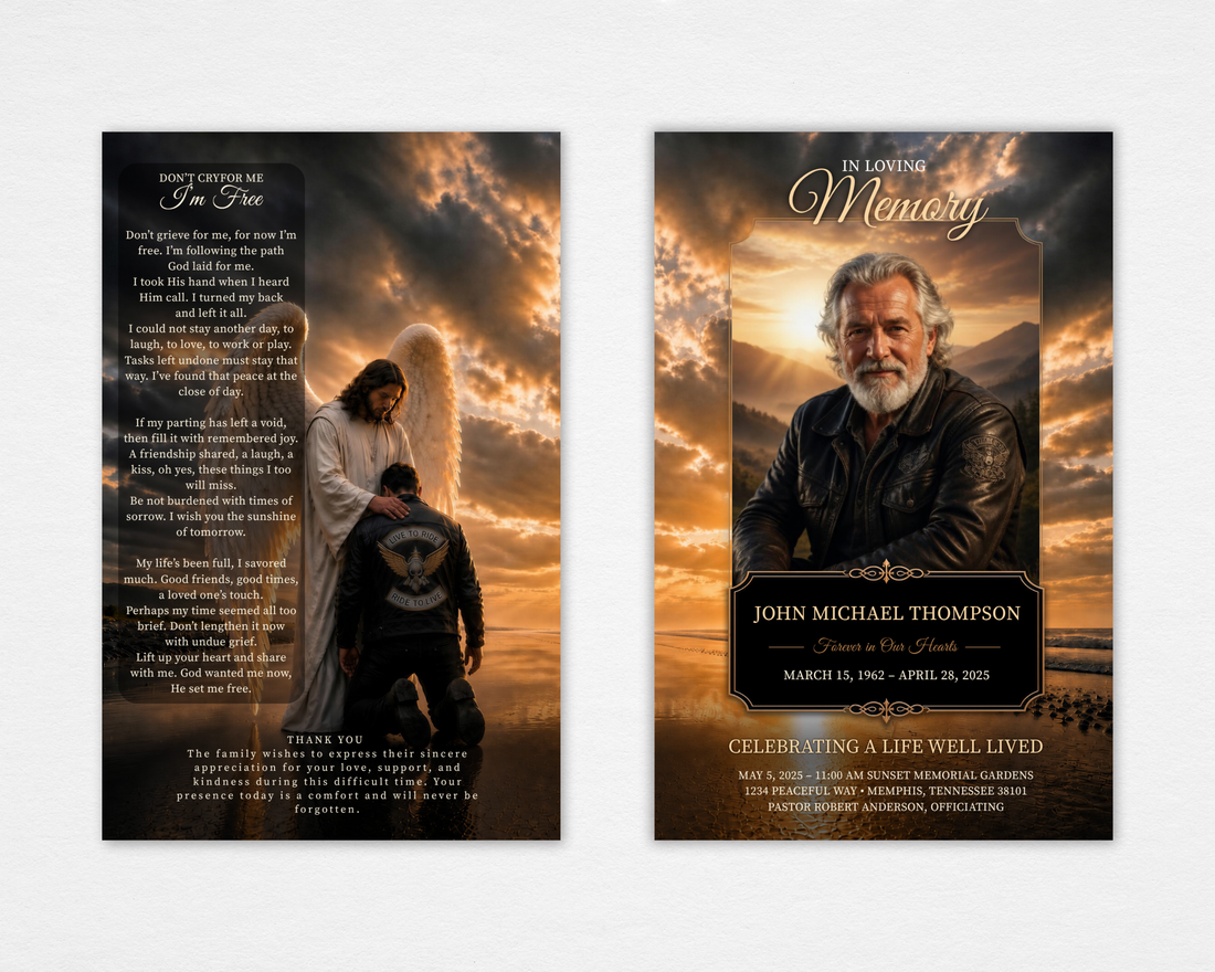 Ride Home Christian biker memorial funeral program template — Canva editable template with golden sunset angel and rider design