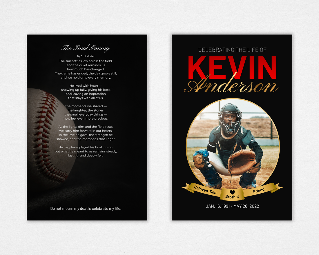 Final Inning baseball memorial prayer card — Canva editable template showing bold black design with red and gold typography