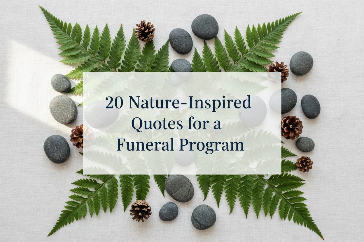 erns, pinecones, and river stones on a linen background, blog header image for a guide to nature-inspired quotes for funeral programs.