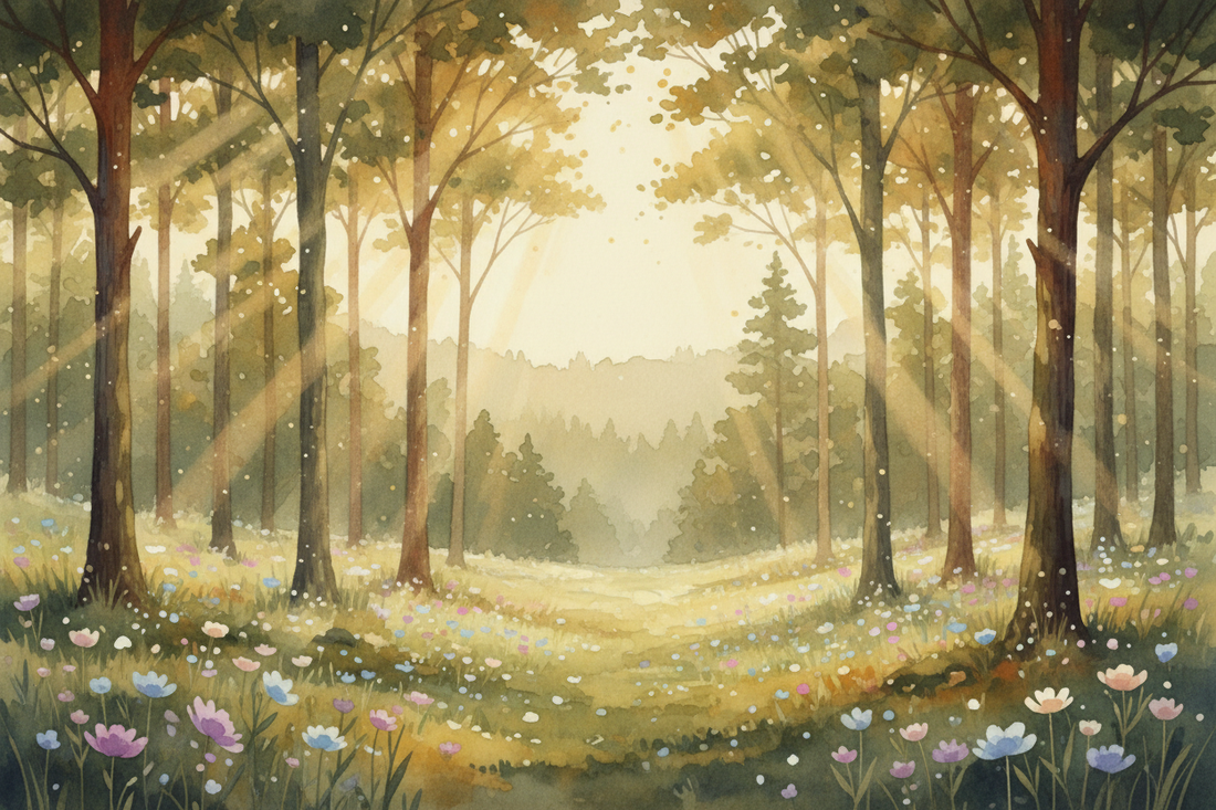 Soft golden light filtering through tall trees into a peaceful meadow, with wildflowers in the foreground — a serene nature scene for a nature lover's funeral program.