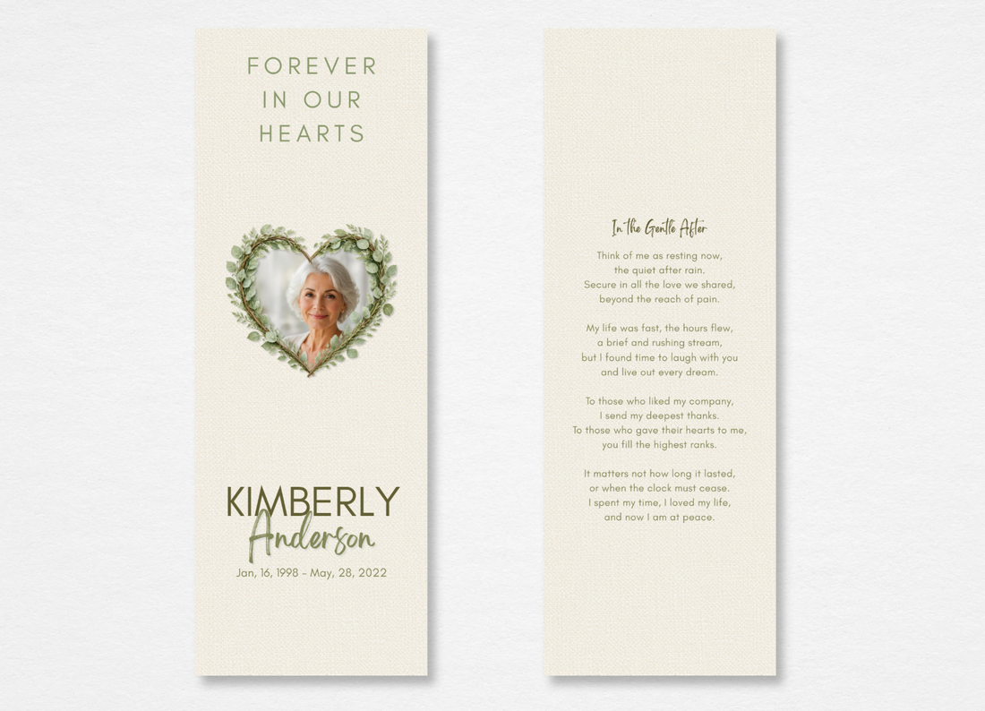 Front and back of a memorial bookmark template by Noted & Charmed