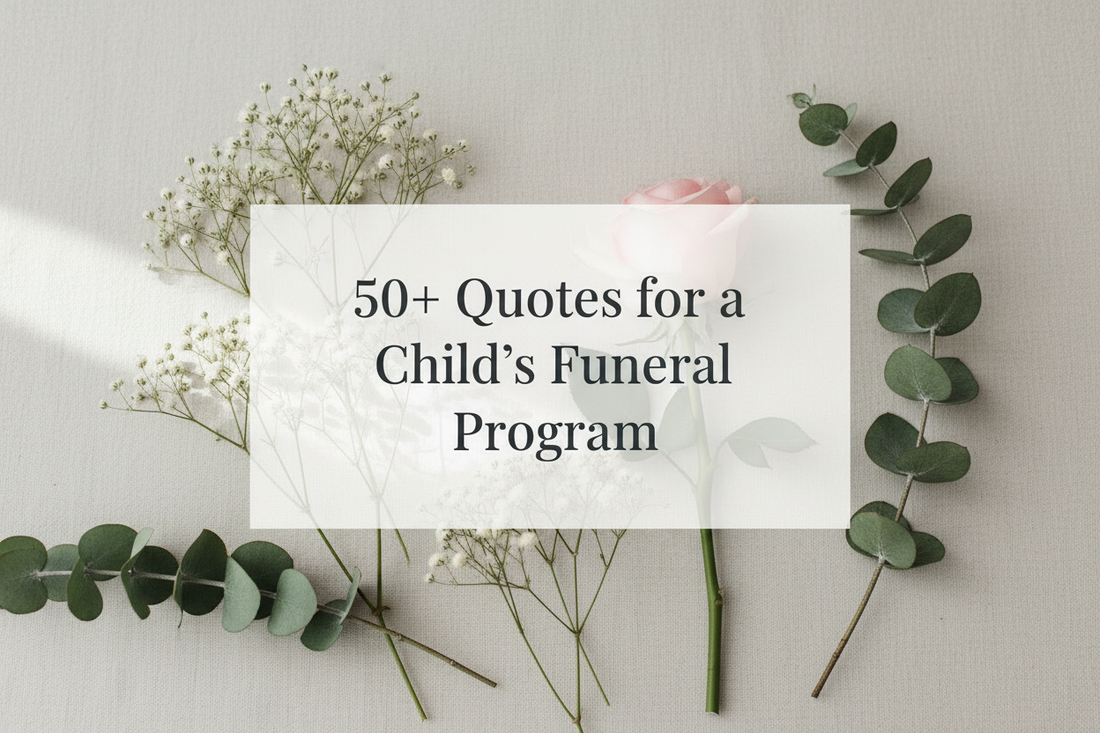 Soft white baby's breath and a pale pink rose on a cream linen background, blog header image for a guide to quotes for a child's funeral program.