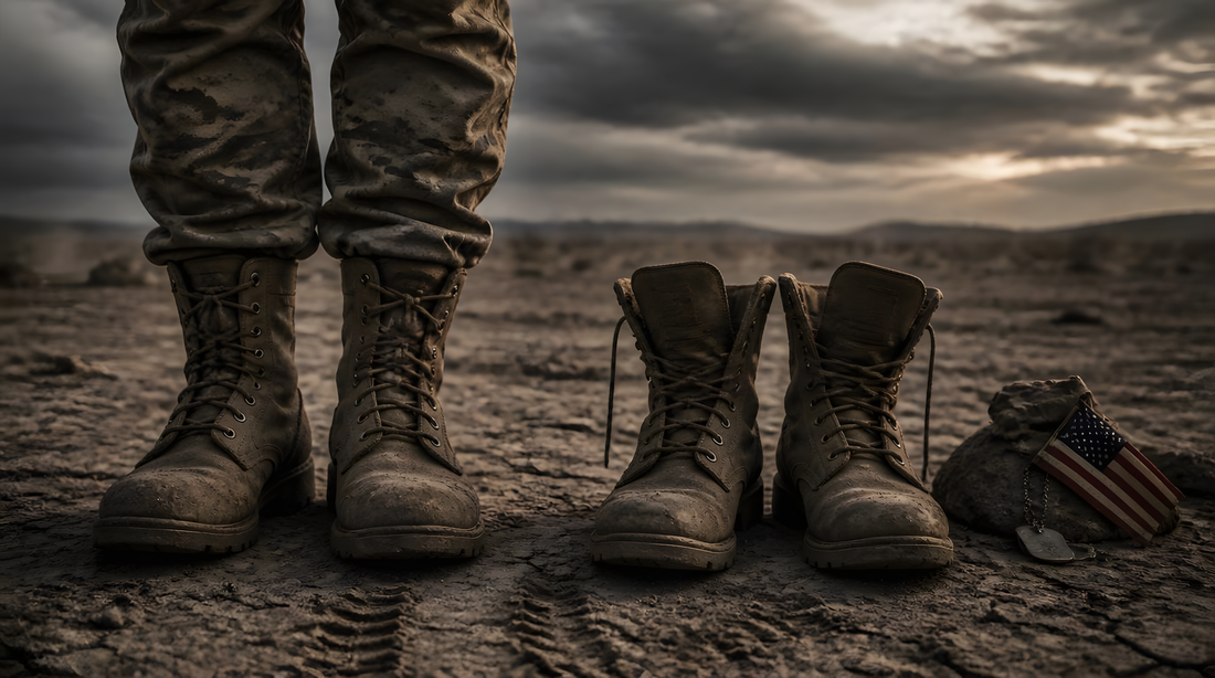 A soldier standing beside an empty pair of military boots and dog tags on cracked desert ground — a tribute to a fallen brother or sister in arms.