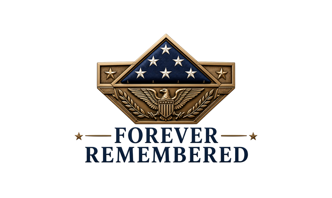 Folded military flag with gold eagle emblem and stars on a bronze memorial plaque, with the words Forever Remembered