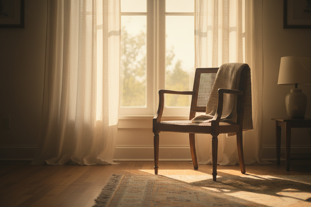 An empty chair beside a window in warm afternoon light — a quiet image of absence and ongoing grief