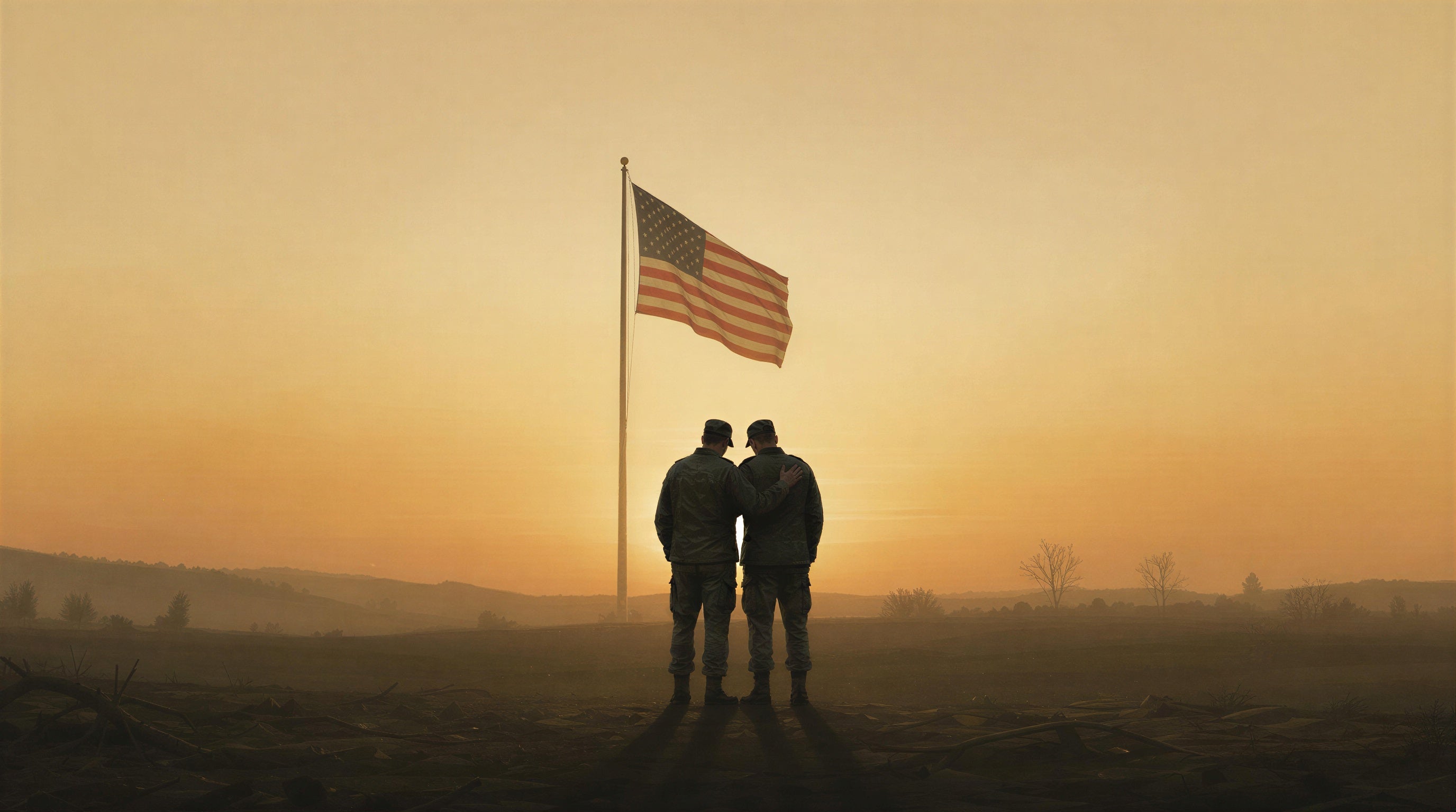 Two soldiers in military uniform standing side by side at sunset, one with an arm around the other's shoulder, silhouetted against a warm golden sky — a tribute to the bond between fellow service members.