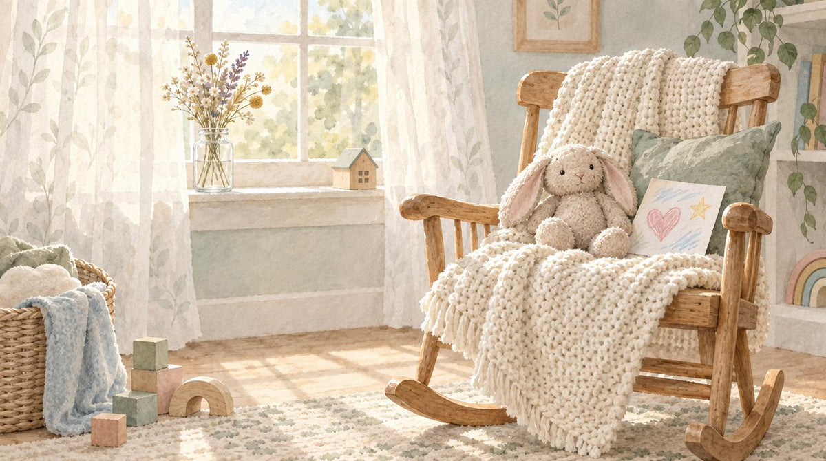 A cream baby blanket and stuffed bunny on a rocking chair, with a child's heart drawing in soft nursery light