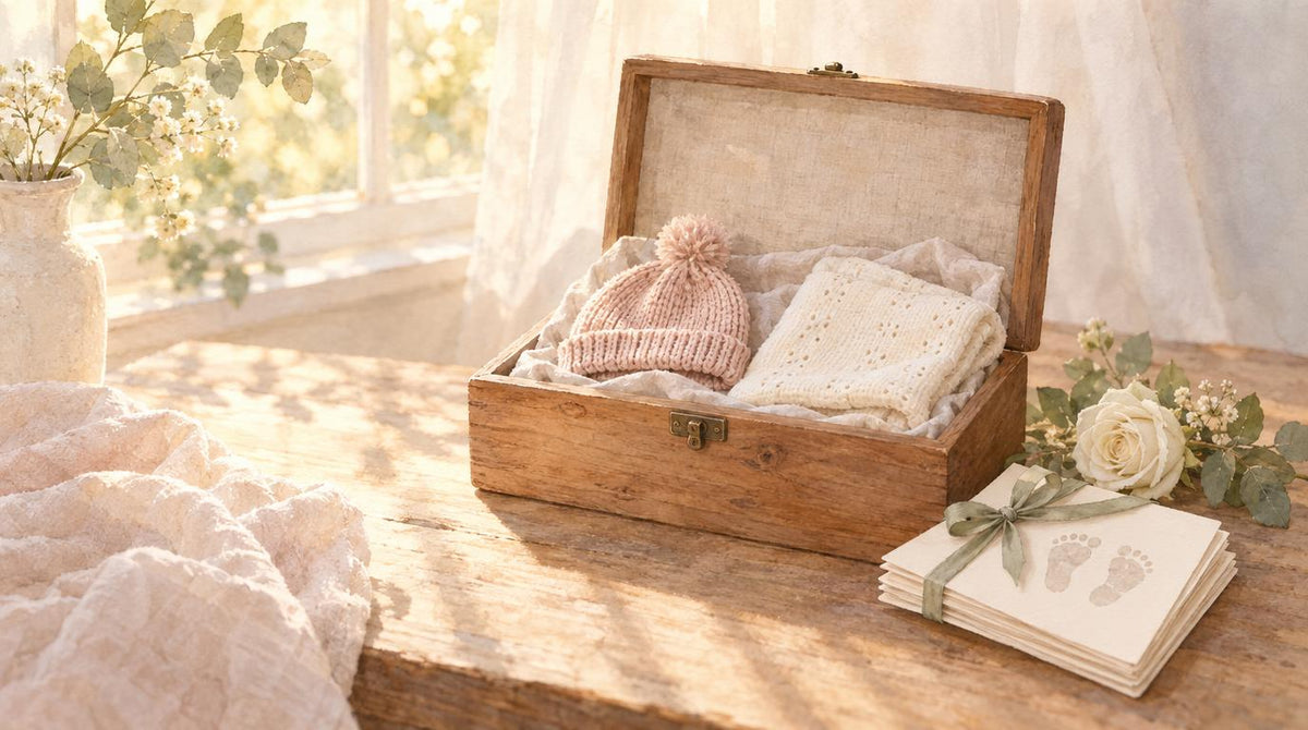 A tiny knit baby hat and blanket in a wooden memory box with footprint cards and a white rose