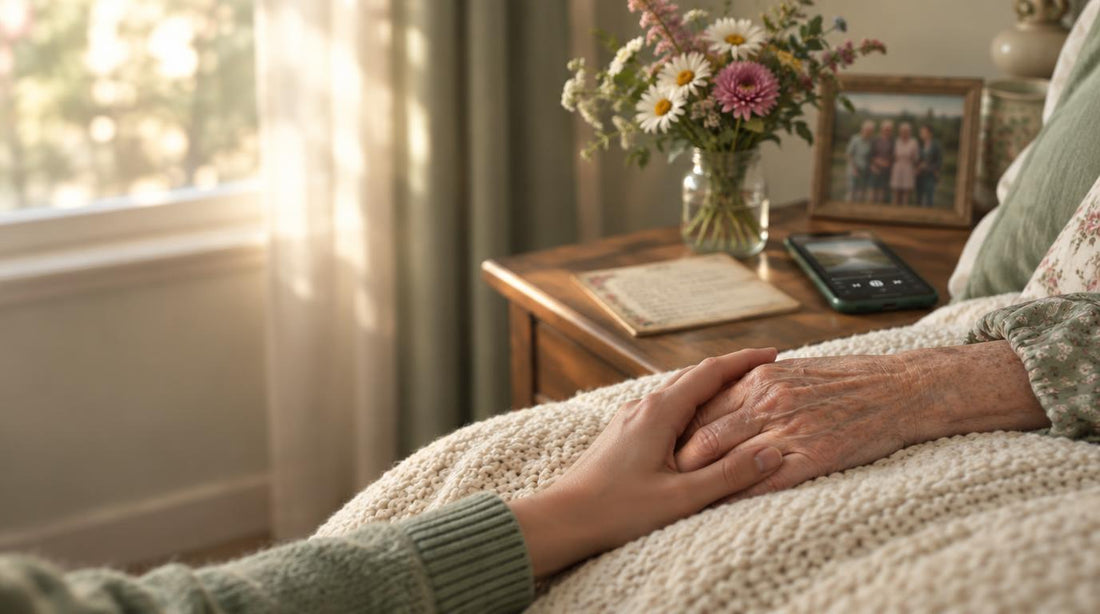 Hands held at a hospice bedside beside flowers, a family photo, and a recipe card
