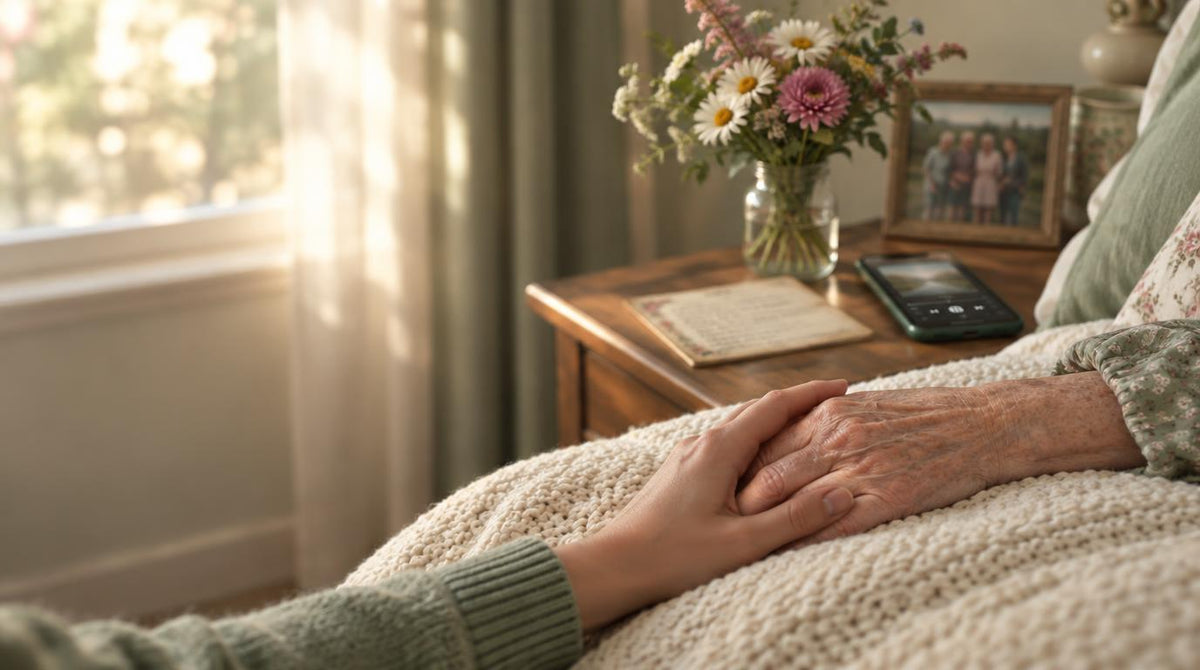 Hands held at a hospice bedside beside flowers, a family photo, and a recipe card