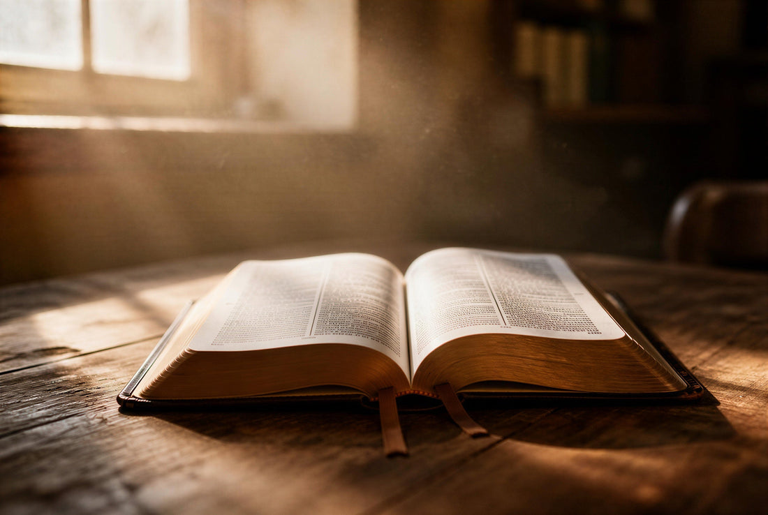 Open Bible on a rustic wooden table with warm golden light streaming through a window — Bible verses and poems for a funeral program