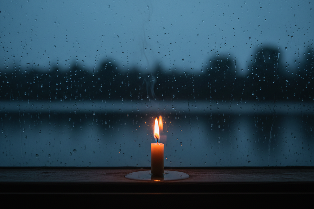 A single lit candle glowing on a rain-streaked windowsill at dusk, warm amber light against a cool blue-grey evening — evoking quiet grief, solitude, and the gentle presence of hope.