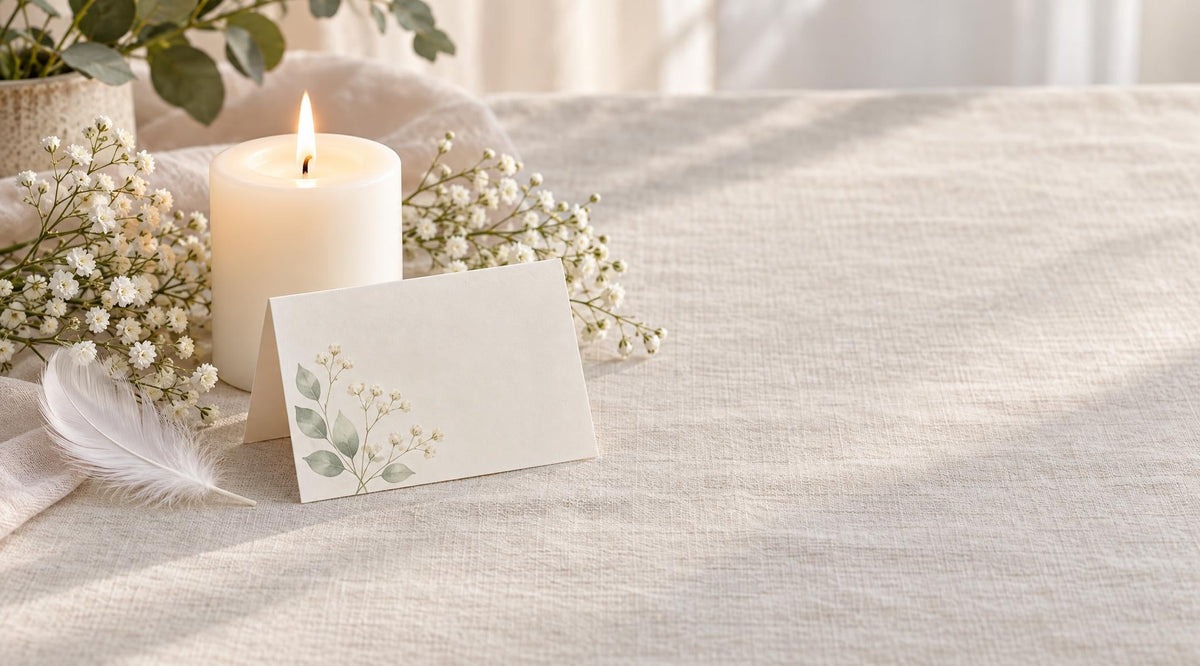 A lit white candle beside a white feather, baby’s breath, and a cream card on soft linen.