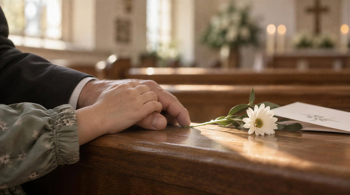 Child's hand holding a parent's hand on a church pew at a funeral, with a daisy and funeral program beside them