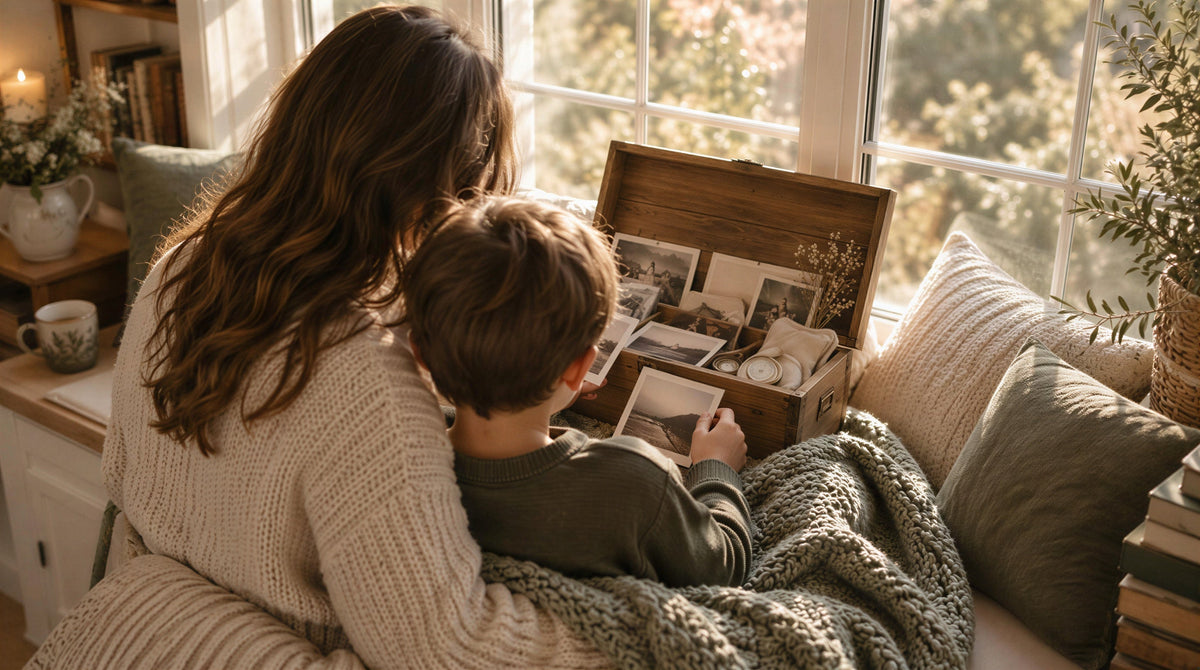 Parent and child sitting together by a window looking through a memory box of photos and keepsakes