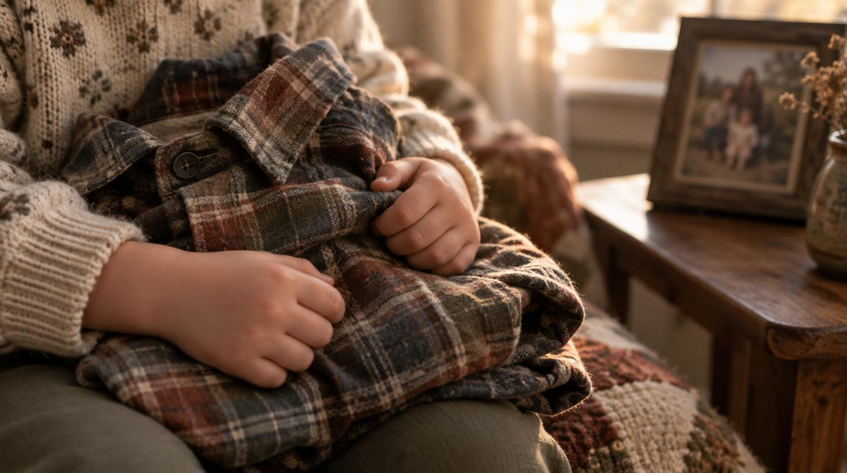 Child's hands holding a parent's folded flannel shirt, with a family photo in the background