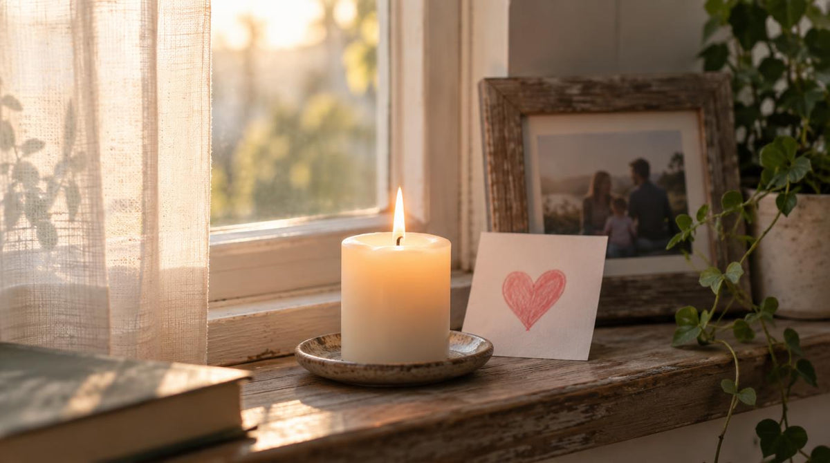A lit candle beside a framed family photo and a child's heart drawing on a windowsill