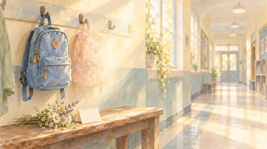 Two children's backpacks on hooks in a sunlit school hallway, one fading into the light, with wildflowers and a blank card on a bench below