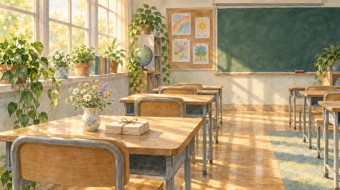 Empty classroom in afternoon light with wildflowers and handmade cards on one desk