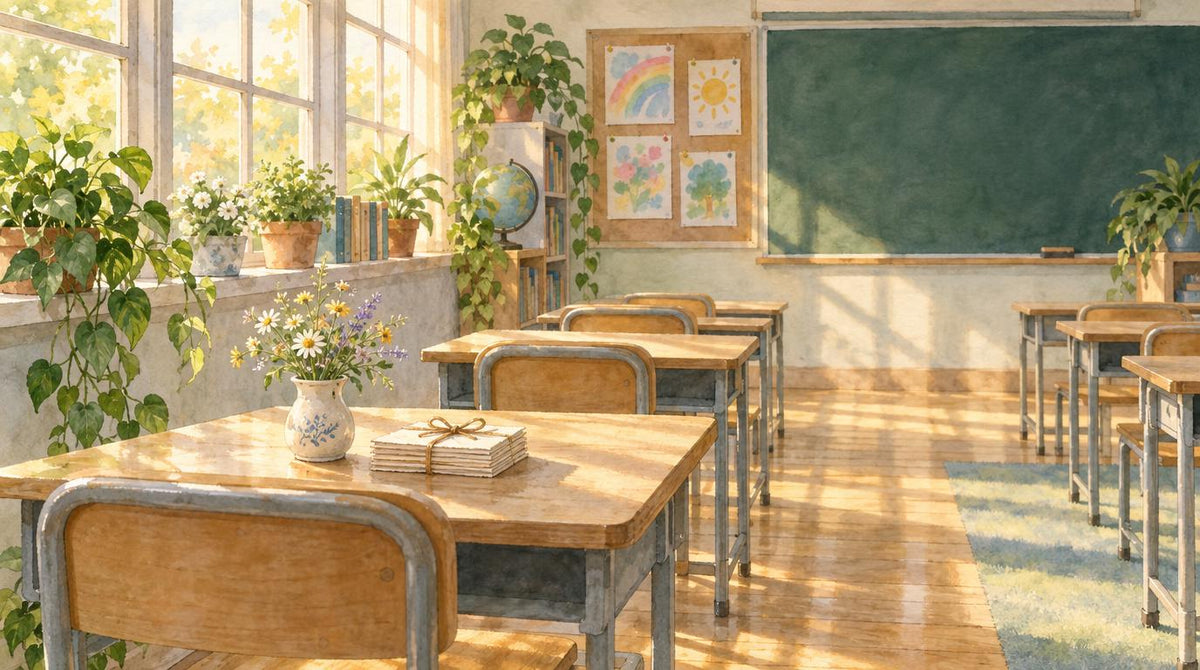 Empty classroom in afternoon light with wildflowers and handmade cards on one desk