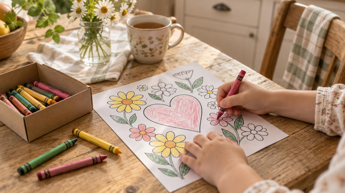 Child coloring a heart and flowers grief coloring page with crayons at a kitchen table