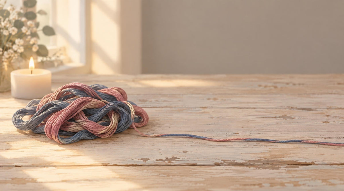 Tangled dusty-rose and blue thread on a wooden table beside a softly glowing candle