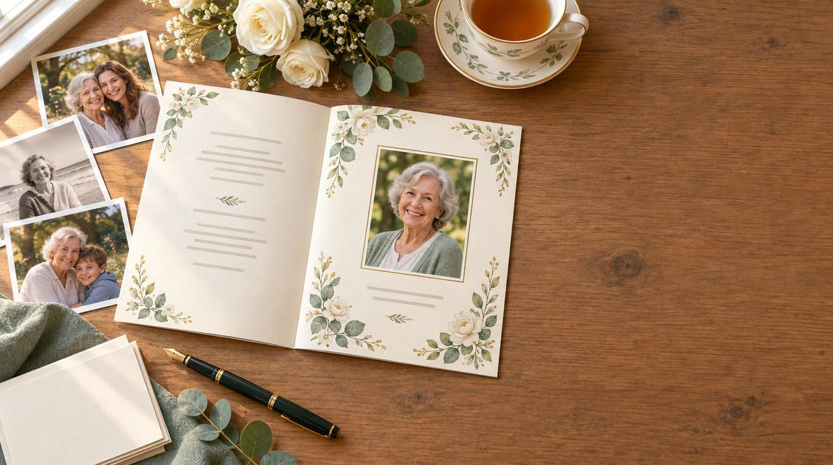 Open funeral program on a wooden table surrounded by family photos, a pen, white roses, and eucalyptus.