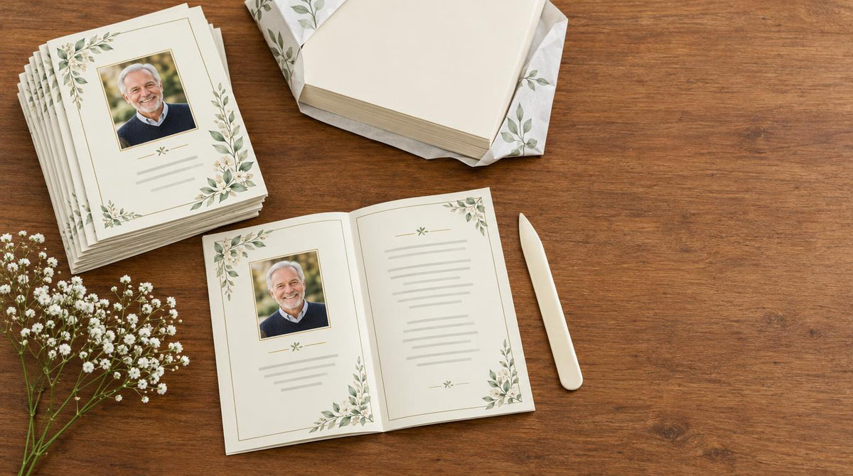 A stack of folded printed funeral programs beside cardstock paper and a sprig of baby’s breath on a wooden table.
