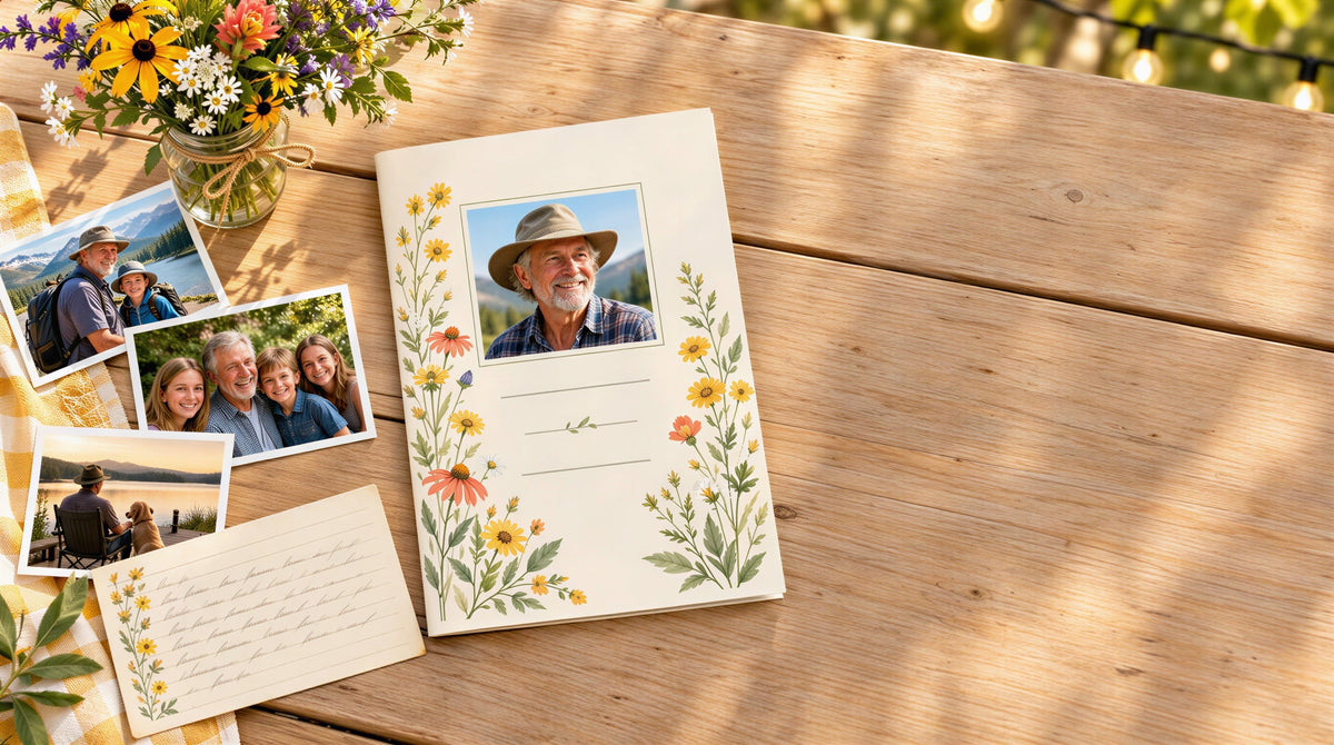 A celebration of life program with wildflowers, family photos, and a recipe card on an outdoor wooden table.