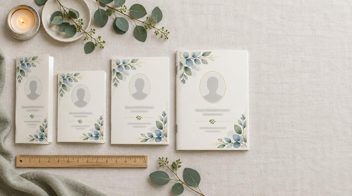Funeral programs in four sizes, from trifold to booklet, arranged side by side with a ruler, eucalyptus, and a candle
