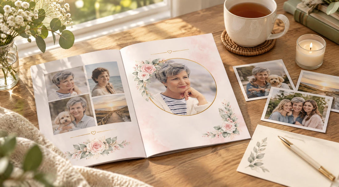 Done For You funeral program with family photos on a table