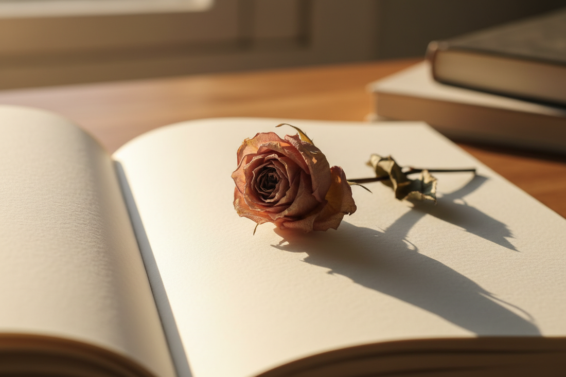 A single dried flower resting on an open journal page in warm, soft light — cream and dusty rose tones evoking quiet tenderness, gentle grief, and the fragile beginning of finding words for loss.