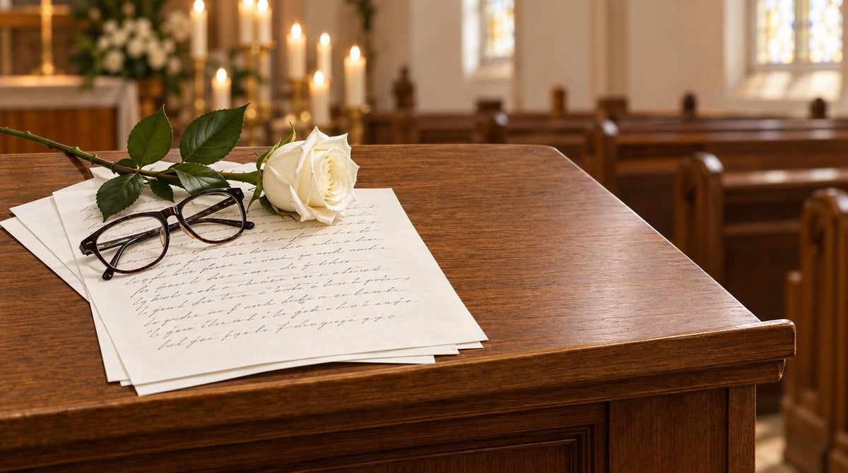 Handwritten eulogy pages on a wooden lectern with reading glasses and a single white rose.
