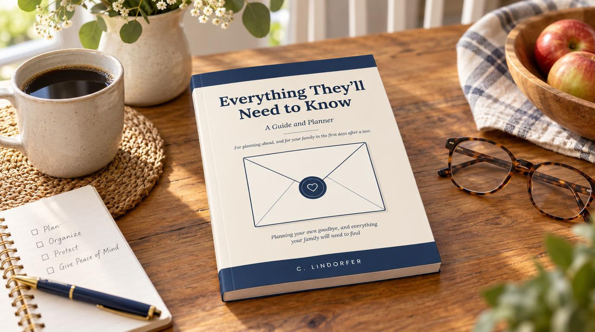 Everything They’ll Need to Know paperback on a sunlit wooden kitchen table beside a cup of coffee, reading glasses, a bowl of apples and a notebook with a planning checklist.
