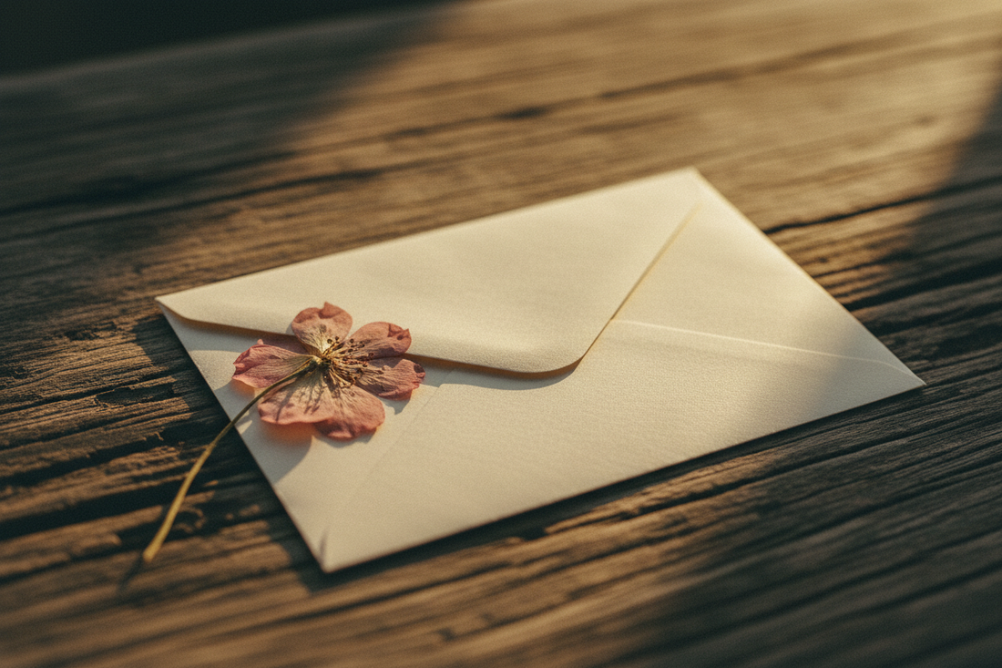 A folded handwritten letter resting on a worn wooden surface beside a dried pressed flower, bathed in warm late afternoon light — evoking quiet grief, love, and remembrance.