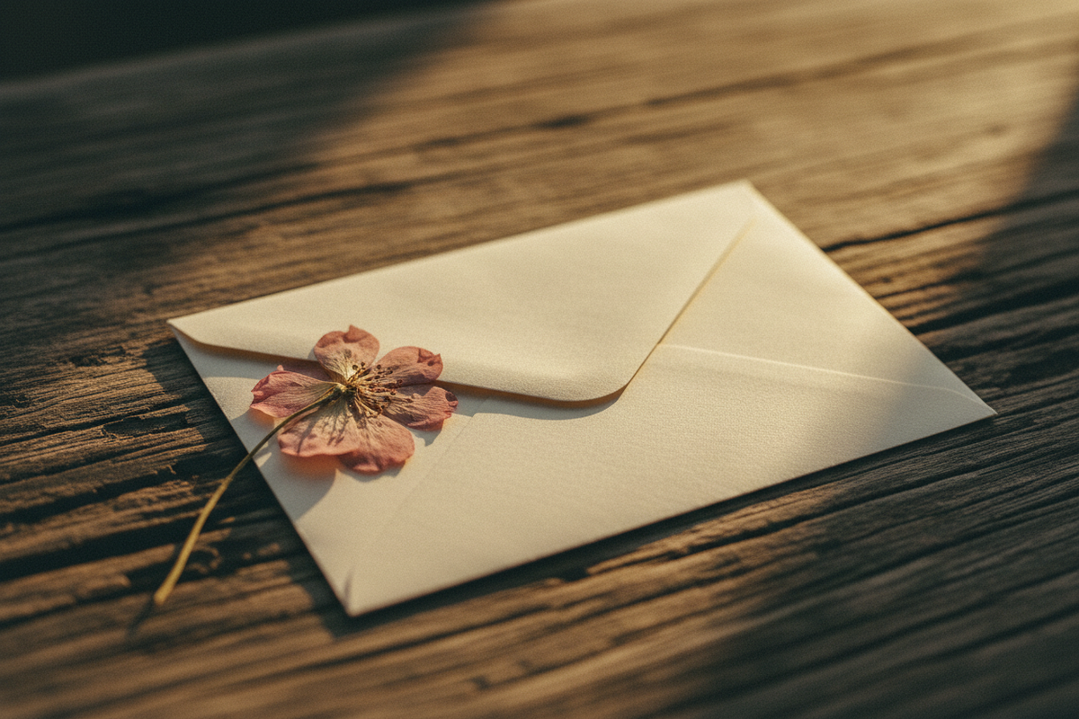 A folded handwritten letter resting on a worn wooden surface beside a dried pressed flower, bathed in warm late afternoon light — evoking quiet grief, love, and remembrance.
