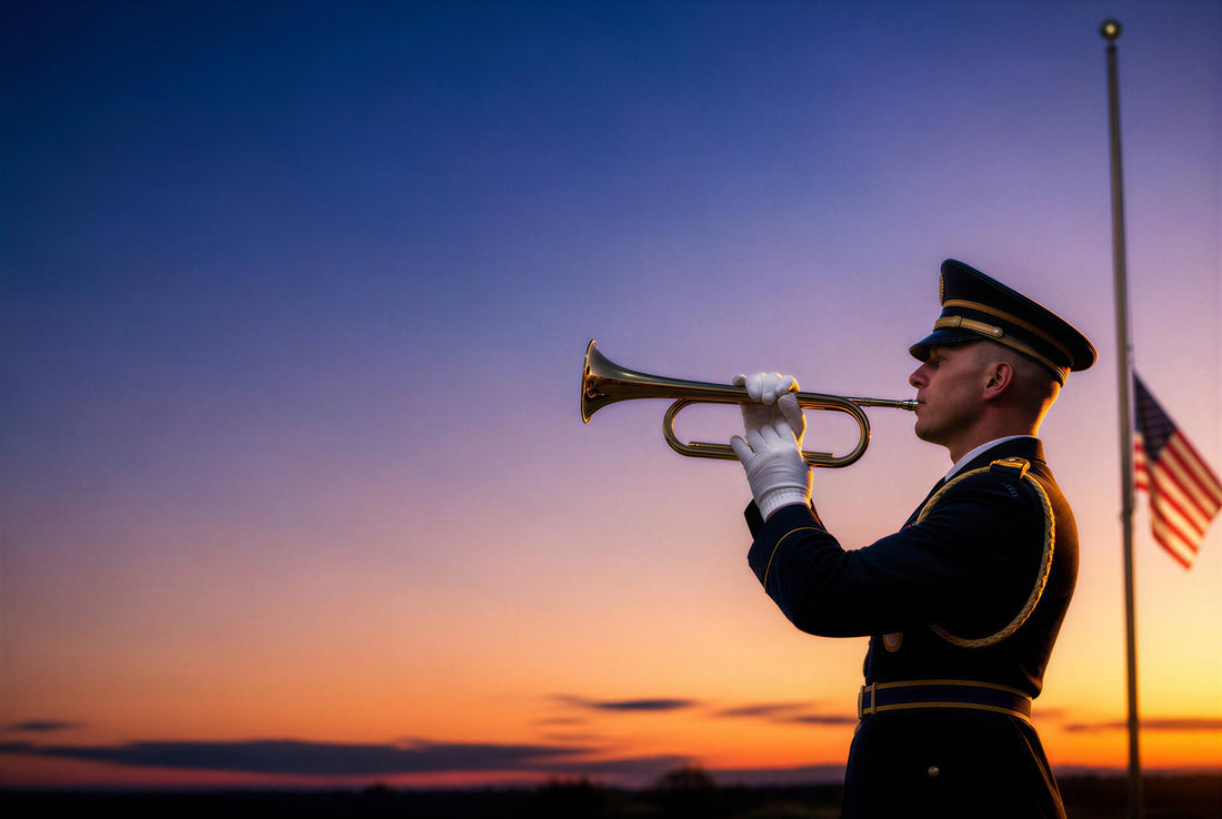 A military bugler in dress uniform playing Taps at sunset, with an American flag at half-staff visible in the background — header image for a guide to Taps at a military funeral