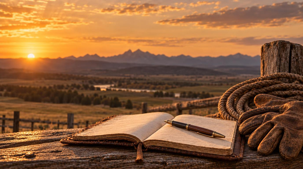 Open leather journal with a pen, rope, and worn leather gloves on a wooden fence rail at sunset over a ranch landscape, for a cowboy obituary writing blog post