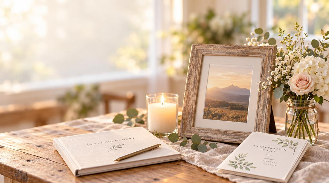 Warm memorial table setting with a framed photo, lit candle, flowers, guest book, and celebration of life program for a funeral planning blog post