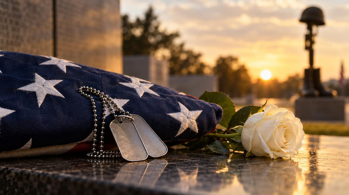 Folded American flag with dog tags and a white rose resting on a memorial stone at sunset, with a soldier's cross in the background