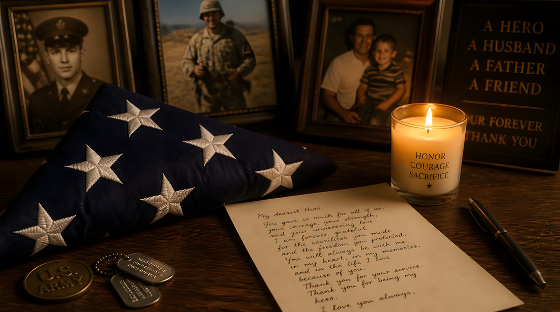 A folded American flag, military dog tags, framed photographs, a lit candle, and a handwritten letter arranged on a wooden table — a memorial tribute to a veteran loved one.