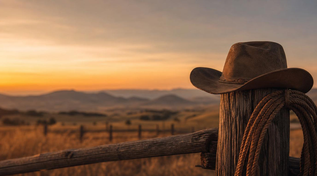 Weathered cowboy hat and coiled lasso resting on a wooden fence post at sunset over open ranch land, for a cowboy funeral program blog post