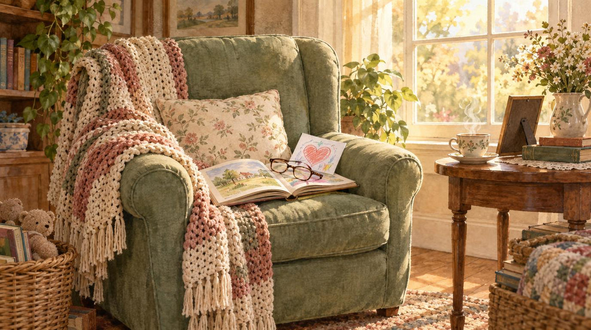 Grandparent's armchair by a sunny window with a knit blanket, reading glasses, a picture book, and a child's heart drawing
