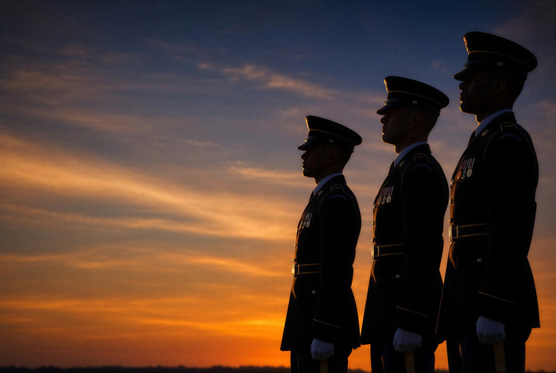 Three military honor guard members standing at attention in dress uniform, silhouetted against a vivid orange and blue sunset sky — header image for a guide to the role of the honor guard at a military funeral