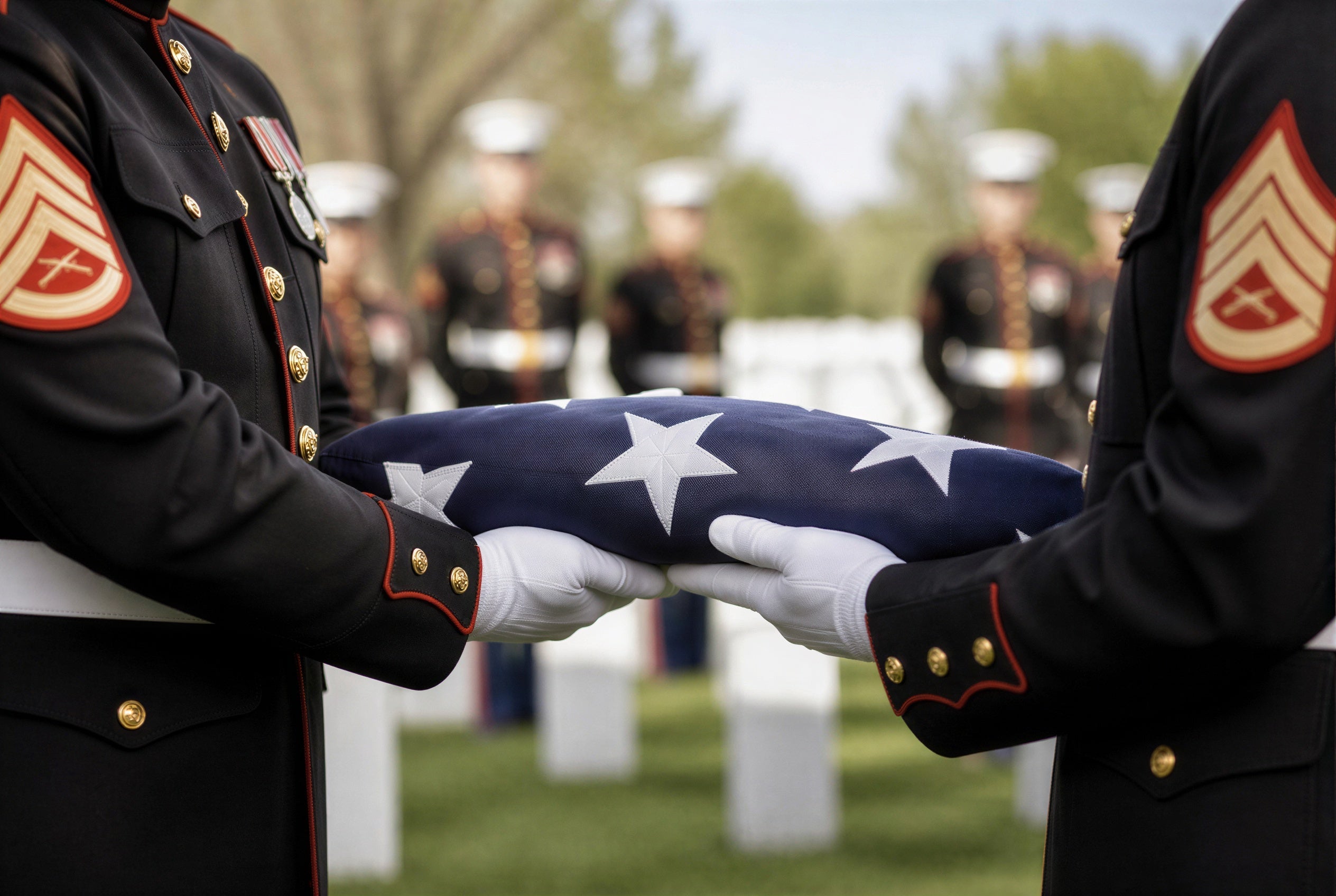 Two Marine Corps honor guard members in dress uniform passing a folded American flag between white-gloved hands, with rows of military headstones visible in the background — header image for a guide to military funeral honors