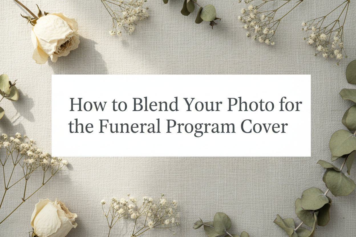 Step-by-step tutorial showing how to blend a portrait photo into a funeral program cover design in Canva