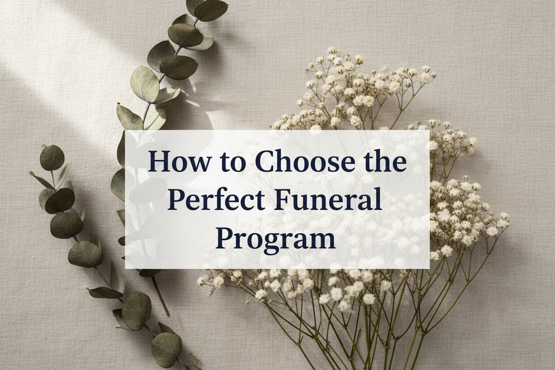 A flat lay of dried eucalyptus and soft white flowers on a linen background, used as a blog header for a guide on how to choose the perfect funeral program design.