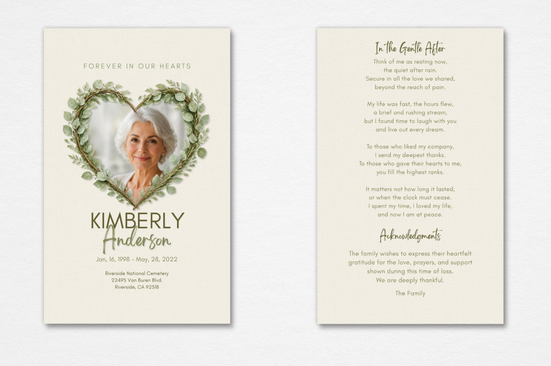 Front and back of a memorial prayer card template by Noted & Charmed