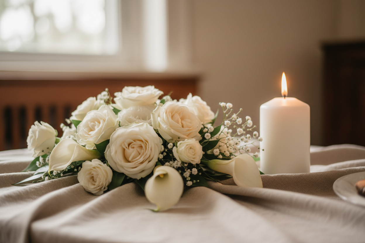 White and cream roses, calla lilies, and baby's breath arranged on a soft linen surface beside a lit pillar candle — a warm, dignified memorial scene