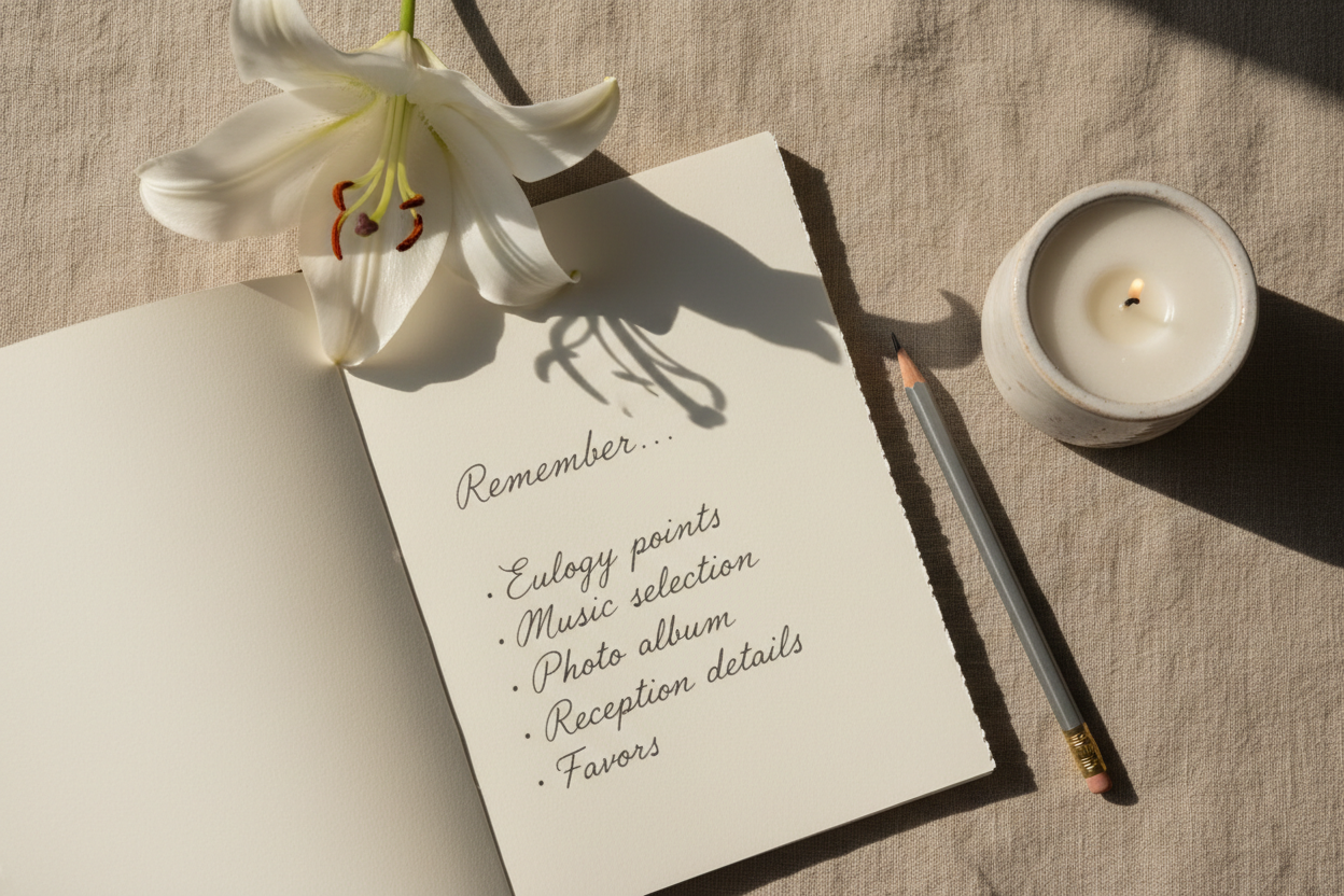 White lily, handwritten memorial checklist, pencil, and small candle on a warm linen surface — a quiet, intentional planning scene